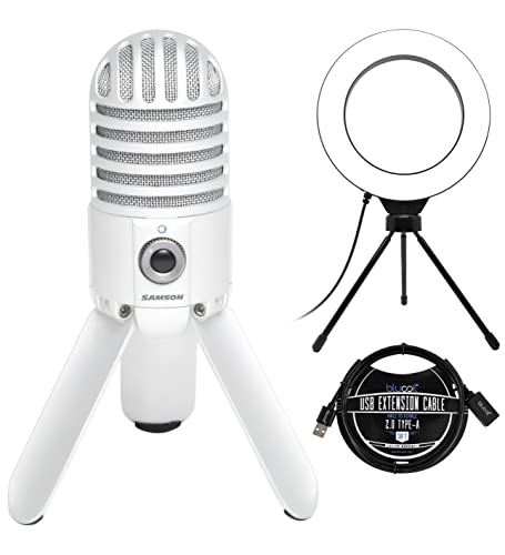 Samson Meteor Mic USB Studio Condenser Microphone (White) for Podcast, Voiceover, Web Conference on Windows, Mac, IOS Bundle with Blucoil 3' USB Extension Cable, and 6" Dimmable Selfie Ring Light