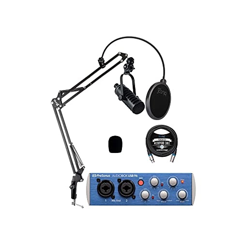 MXL BCD-1 Dynamic Podcast Microphone Bundle with AudioBox USB 96 2x2 USB Audio Interface for Windows and Mac, Blucoil Boom Arm Plus Pop Filter, and 10-FT Balanced XLR Cable