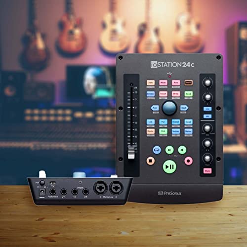 PreSonus ioStation 24c 2x2 192 kHz USB Audio Interface & Production Controller Bundle with Blucoil Boom Arm Plus Pop Filter, 10' XLR Cable, USB-A Mini Hub, Headphone Hook, and Samson SR350 Headphones