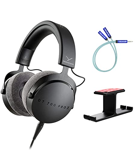 blucoil Beyerdynamics DT 700 PRO X Closed-Back Studio Headphones with Stellar.45 Driver for Recording and Monitoring Bundle Y Splitter Cable for Audio & Mic, and Aluminum Headphone Hook
