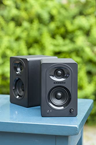 Samson MediaOne M30 3" Powered Studio Monitors with 3.5mm Outputs (Pair) Bundle with Blucoil Acoustic Isolation Pads (2-Pack), 12" Acoustic Wedges (4-Pack), and 5' Audio AUX Cable