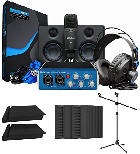 PreSonus AudioBox Studio Ultimate Bundle Complete Recording Kit with Studio Monitors and Studio One Artist, Blucoil 2x Isolation Pads, Adjustable Microphone Tripod Stand, and 4x 12" Acoustic Wedges