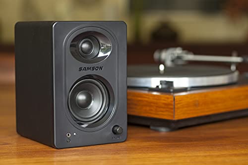 Samson MediaOne M30 3" Powered Studio Monitors with 3.5mm Outputs (Pair) Bundle with Blucoil Acoustic Isolation Pads (2-Pack), 12" Acoustic Wedges (4-Pack), and 5' Audio AUX Cable