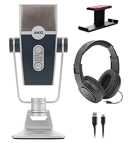 AKG Pro Audio Lyra Ultra-HD, Four Capsule, Multi-Capture Mode, USB-C Condenser Microphone for Recording and Streaming Bundle with Samson SR350 Headphones, and Blucoil Aluminum Headphone Hook