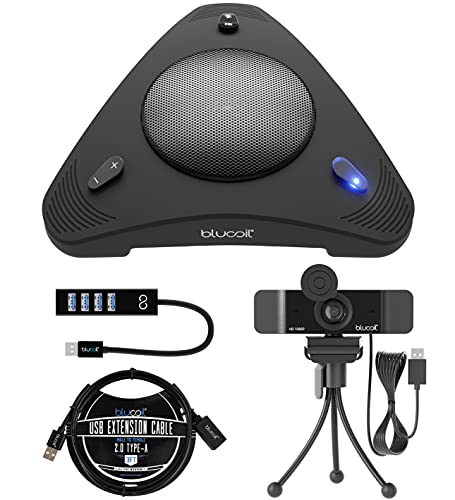 Blucoil USB Portable Conference Speaker & Omnidirectional Microphone with 360° Voice Pickup and Echo Cancellation Bundle with 1080p USB Webcam, USB-A Mini Hub, and 3-FT USB 2.0 Type-A Extension Cable