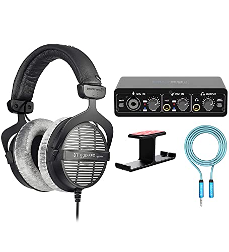 blucoil Beyerdynamics DT 990 Pro 250 Ohm Over-Ear Studio Headphones Bundle Portable USB Audio Interface for Windows and Mac, 6' 3.5mm Audio Extension Cable, and Aluminum Headphone Hook