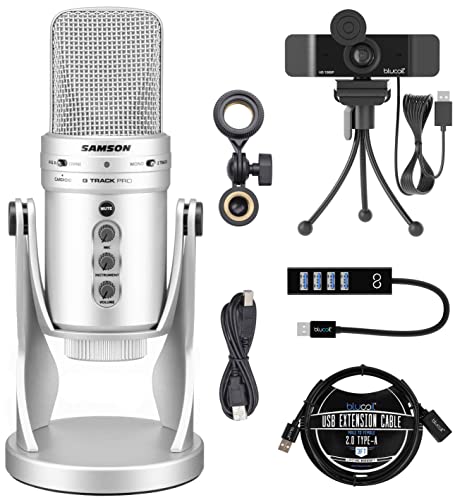 blucoil Samson G-Track Pro Professional USB Condenser Microphone with Audio Interface, Silver Bundle USB-A Mini Hub, 3' USB Extension Cable, and 1080p USB Webcam - Compatible with Windows and Mac