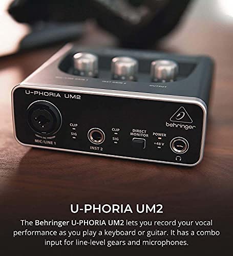 blucoil Audio Technica AT2050 Multi-Pattern Condenser Microphone Bundle with Behringer U-PHORIA UM2 USB Audio Interface for Windows & Mac, 2X 10' Balanced XLR Cables, Pop Filter, and 5X Cable Ties