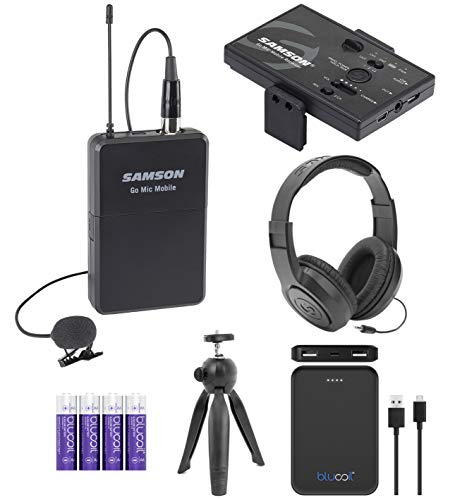 Samson Go Mic Mobile Lavalier Wireless System for Podcasting & Audio Recording Bundle with Blucoil 5000mAh Portable Power Bank, 4 AA Batteries, Table Top Camera Tripod, and Samson SR350 Headphones