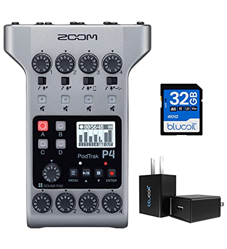 Zoom PodTrak P4 4-Input Ultimate Battery Powered Recorder for Podcasting on Windows, Mac, Android, and iOS Bundle with Blucoil USB Wall Adapter and Blucoil 32GB Silicon Power SDHC Memory Card