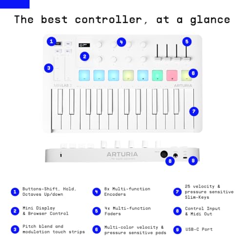 Arturia - MiniLab 3 Alpine - Universal MIDI Controller for Music Production, with All-in-One Software Package - 25 Keys, 8 Multi-Color Pads