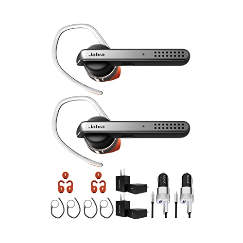 Ja Bra Talk 45 Bluetooth Headsets (2-Pack) for High Definition Hands-Free Calls with Dual Mic Noise Cancellation Bundle with 2-Pack of Blucoil Car Power Adapters, and 2-Pack of USB Wall Adapters