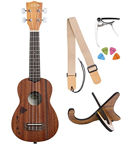 Kala Mahogany KA-15S-H2 Soprano Ukulele (Hawaiian Islands with Tattoo Band) with Aquila Super Nylgut Strings and Downloadable Kala App Bundle with Blucoil Ukulele Accessories Kit
