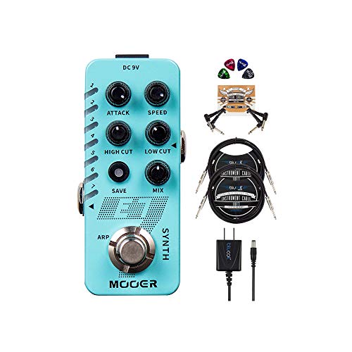 MOOER E7 Polyphonic Guitar Synth Pedal Bundle with Blucoil 9V AC Adapter, 2-Pack of 10' Straight Instrument Cables (1/4"), 2-Pack of Pedal Patch Cables, and 4-Pack of Celluloid Guitar Picks