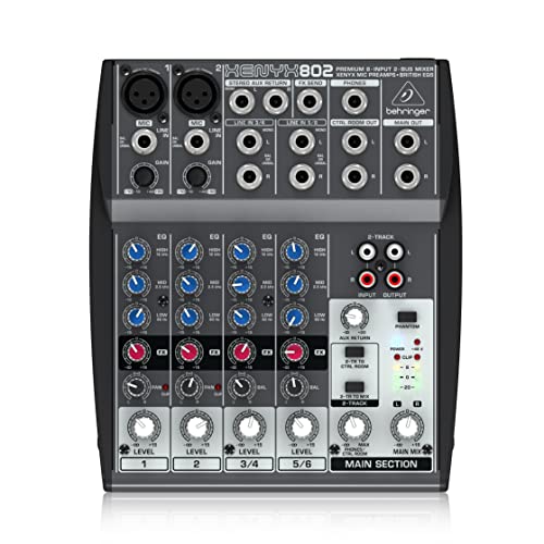 Behringer XENYX 802 Premium 8-Input 2-Bus Mixer with XENYX Mic Preamps, British EQs, and 48V Phantom Power