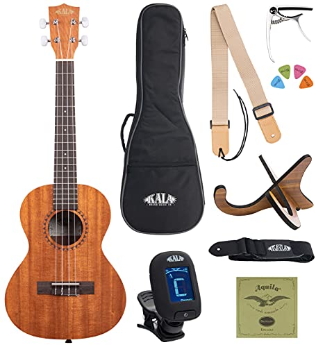 Kala KA-15T Satin Mahogany Tenor Ukulele Bundle with Gig Bag, Klipz Chromatic Clip-On Tuner, Ukulele Strap, Aquila Super Nylgut Strings, Kala App, and Blucoil Ukulele Accessories Kit