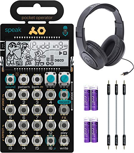 teen age engineering PO-35 Pocket Operator Speak Vocal Sampler/Sequencer Bundle with Samson SR350 Over-Ear Stereo Headphones, Blucoil 3-Pack of 7" Audio Aux Cables, and 4 AAA Batteries