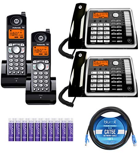 Motorola ML25260 2-Line Corded Phones with Speakerphone & Caller ID/Call Waiting (2-Pack) Bundle with ML25055 DECT 6.0 Cordless Handsets (2-Pack), Blucoil 10' Cat5e Cable, and 10 AAA Batteries