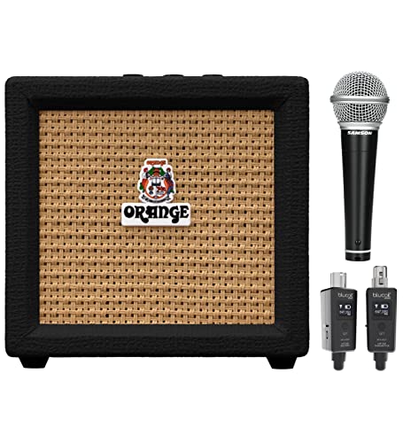 Orange Amps Crush Mini 3W Analogue Combo Amp for Guitars (Black) Bundle with Blucoil Wireless Mic System, and Samson R21S Dynamic Microphone