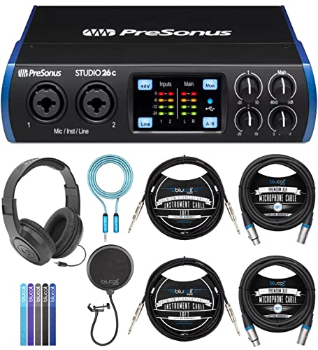 PreSonus Studio 26c USB Audio Interface Bundle with Blucoil 2x 10' XLR and Straight Instrument Cables (1/4"), Pop Filter, 6' 3.5mm Audio Extension Cable, 5x Cable Ties, and Samson SR350 Headphones