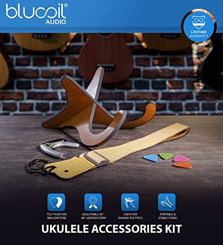 Kala Learn to Play Ukulele Soprano Starter Kit, Satin Mahogany - Includes Online Lessons, Tuner App, and Booklet (KALA-LTP-S) Bundle with Blucoil Ukulele Accessories Kit