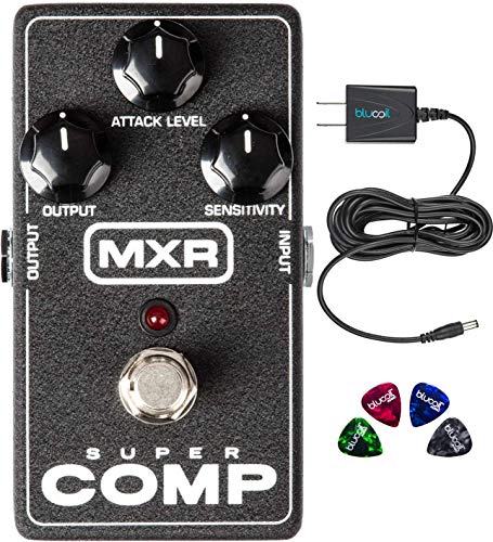 MXR M132 Super Comp Compressor Pedal with True Bypass Bundle with Blucoil Slim 9V Power Supply AC Adapter, and 4-Pack of Celluloid Guitar Picks