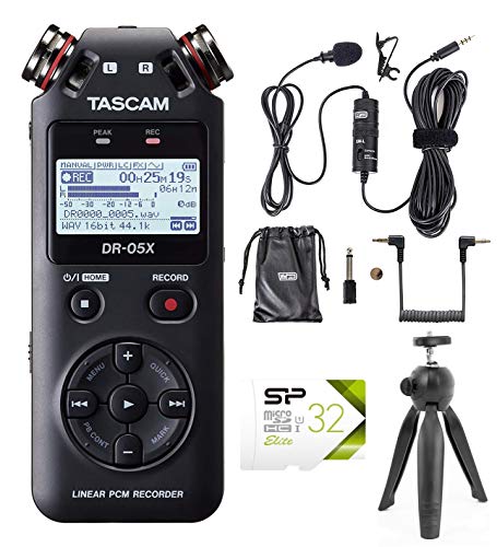 TASCAM DR-05X Portable Audio Recorder and USB Audio Interface for Windows, Mac, iOS Bundle with 32GB microSDHC Memory Card with Adapter, Wired Lavalier Microphone, and Table Top Camera Tripod