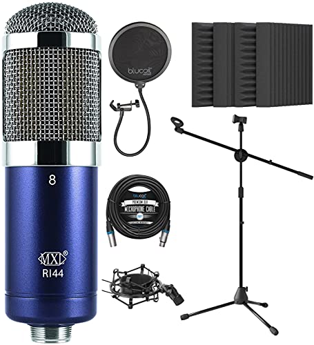 blucoil MXL R144 Ribbon Microphone for Vocals, Brass, Horns, Acoustic and Electric Guitars Bundle 20-FT Balanced XLR Cable, Pop Filter Windscreen, Adjustable Mic Stand, and 4X 12 Acoustic Wedges