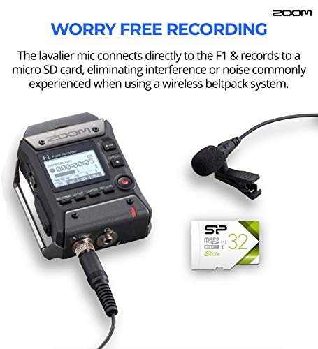 Zoom F1-LP Lavalier Body-Pack Recorder Bundle with Samson SR350 Over-Ear Stereo Headphones, Blucoil USB Wall Adapter, 5-FT Audio Aux Cable, 4 AAA Batteries, and 32GB microSDHC Memory Card with Adapter