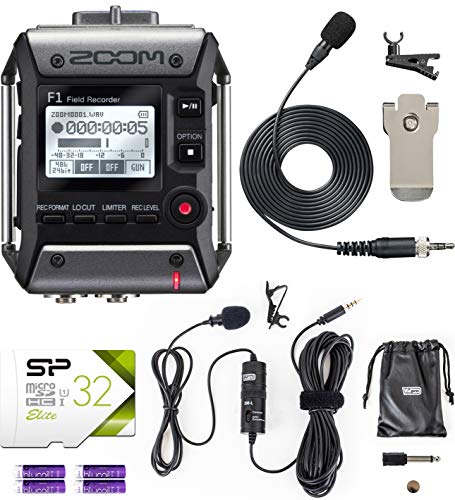 Zoom F1-LP Multitrack Recorder with Lavalier Microphone Bundle with 32GB microSDHC Memory Card with Adapter, Wired Lavalier Microphone, and Blucoil 4 AAA Batteries