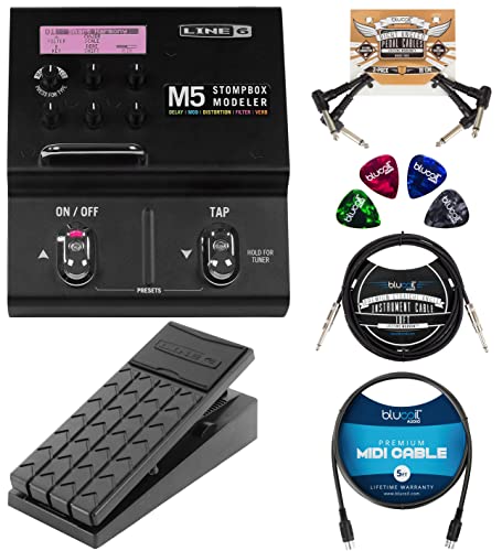 Line 6 M5 StompBox Modeler Bundle with EX-1 Expression Pedal, 2-Pack of Pedal Patch Cables, 10-FT Straight Instrument Cable (1/4in), 4-Pack of Celluloid Guitar Picks, and 5-FT MIDI Cable