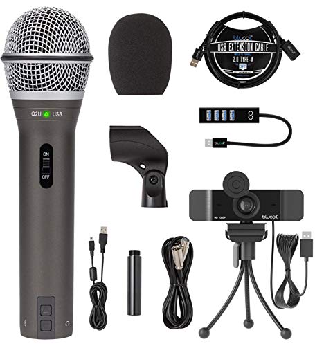 Samson Q2U USB/XLR Dynamic Microphone for Windows, Mac, iOS Devices, Mixers, and PA Systems Bundle with Blucoil 1080p USB Webcam, USB-A Mini Hub, and 3-FT USB 2.0 Type-A Extension Cable