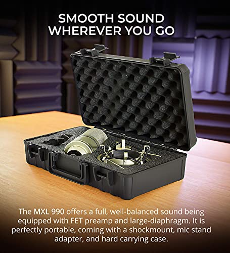 MXL 990 Cardioid Condenser Microphone for Vocals and Guitars (Champagne) Bundle with Blucoil 20-FT Balanced XLR Cable, Pop Filter, Adjustable Microphone Tripod Stand, and 4X 12 Acoustic Wedges
