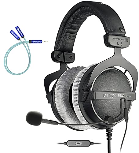 blucoil Beyerdynamic DT 770 PRO 80 Ohm Over-Ear Studio Headphones in Gray Bundle with Antlion Audio ModMic USB Attachable Noise-Cancelling Microphone with Mute Switch Y Splitter Cable