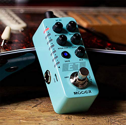 MOOER E7 Polyphonic Guitar Synth Pedal Bundle with Blucoil 9V AC Adapter, 2-Pack of 10' Straight Instrument Cables (1/4"), 2-Pack of Pedal Patch Cables, and 4-Pack of Celluloid Guitar Picks