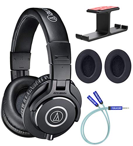 Audio-Technica ATH-M40x Professional Studio Monitor Headphones Bundle with Blucoil Aluminum Headphone Hook, Y Splitter Cable for Audio & Mic, and 2-Pack of Headphone Replacement Earpads