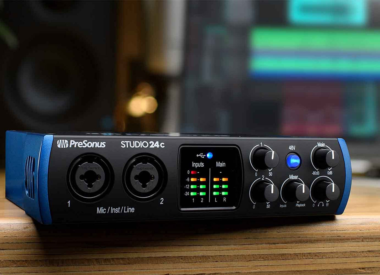 PreSonus Studio 24c 2x2 192 kHz USB Audio Interface Bundle with Audio Technica AT2020 Condenser Microphone, Blucoil Boom Arm Plus Pop Filter, and 10-FT Balanced XLR Cable