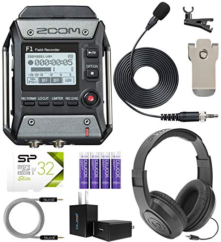 Zoom F1-LP Lavalier Body-Pack Recorder Bundle with Samson SR350 Over-Ear Stereo Headphones, Blucoil USB Wall Adapter, 5-FT Audio Aux Cable, 4 AAA Batteries, and 32GB microSDHC Memory Card with Adapter
