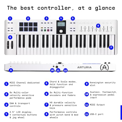 Arturia - KeyLab Essential 61 mk3 - MIDI Controller Keyboard for Music Production, with All-in-One Software Package - 61 Keys, 9 Encoders, 9 Faders, 1 Modulation Wheel, 1 Pitch Bend Wheel, 8 Pads