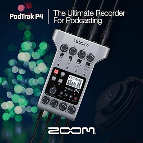Zoom PodTrak P4 4-Input Ultimate Battery Powered Recorder for Podcasting on Windows, Mac, Android, and iOS Bundle with Blucoil USB Wall Adapter and Blucoil 32GB Silicon Power SDHC Memory Card