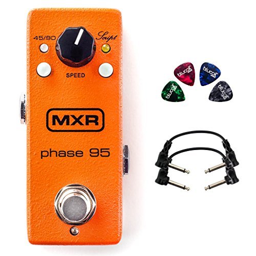MXR M290 Phase 95 Mini Effects Pedal for Electric Guitars Bundle with 9V Adapter, Blucoil 10-FT Straight Instrument Cable (1/4in), 2-Pack of Pedal Patch Cables, and 4-Pack of Celluloid Guitar Picks