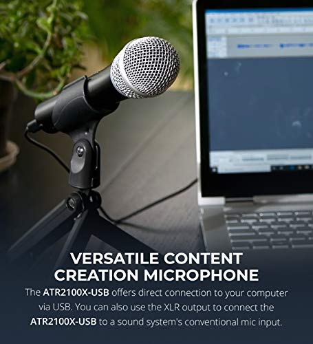 Audio Technica ATR2100x-USB Cardioid Dynamic Microphone (ATR Series) Bundle with Blucoil USB Audio Interface for Windows and Mac, Pop Filter, USB-A Mini Hub, 10' XLR Cable, and Samson SR350 Headphones