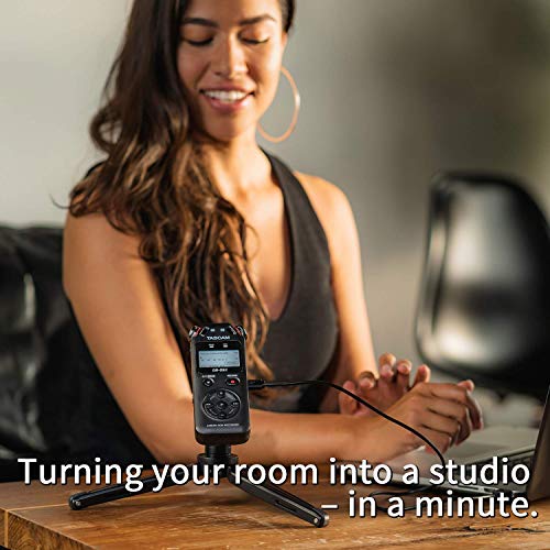 TASCAM DR-05X Portable Audio Recorder and USB Audio Interface for Windows, Mac, iOS Bundle with 32GB microSDHC Memory Card with Adapter, Wired Lavalier Microphone, and Table Top Camera Tripod