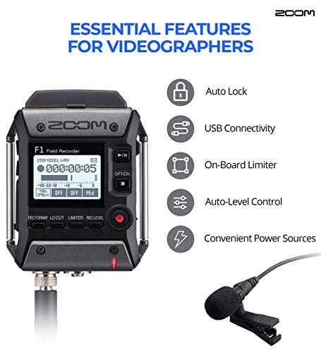 Zoom F1-LP Lavalier Body-Pack Recorder Bundle with Samson SR350 Over-Ear Stereo Headphones, Blucoil USB Wall Adapter, 5-FT Audio Aux Cable, 4 AAA Batteries, and 32GB microSDHC Memory Card with Adapter