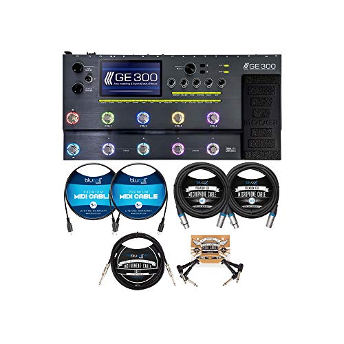 MOOER GE300 Amp Modelling Processor Synth Pedal Guitar Multi Effects Bundle with Blucoil 10' Straight Instrument Cable (1/4"), 2x 10' XLR Cables, 2x 5' FT MIDI Cables, and 2x Patch Cables