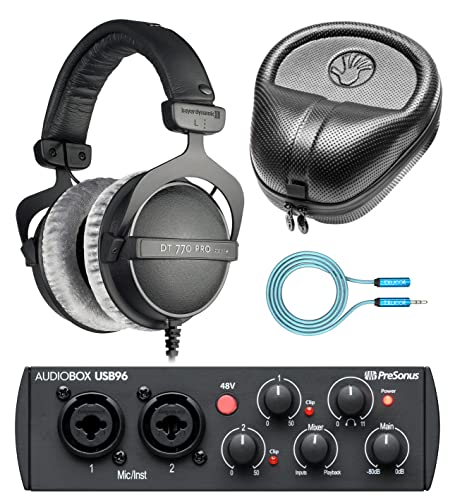 blucoil Beyerdynamics DT 770 PRO 250 Ohm Over-Ear Studio Headphones Bundle with AudioBox USB 96 25th Anniversary Edition, 6' Audio Extension Cable, and Slappa HardBody PRO Headphone Case