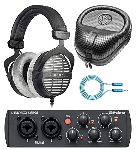 blucoil Beyerdynamics DT 990 PRO 250 Ohm Over-Ear Studio Headphones Bundle with AudioBox USB 96 25th Anniversary Edition, 6' Audio Extension Cable, and Slappa HardBody PRO Headphone Case
