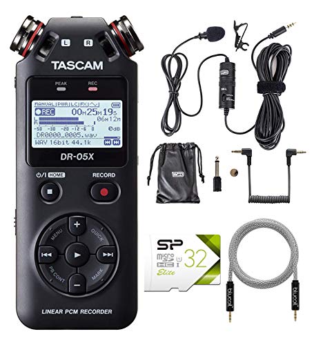TASCAM DR-05X Portable Audio Recorder and USB Audio Interface for Mac, Windows, iOS Bundle with 32GB microSDHC Memory Card with Adapter, Wired Lavalier Microphone, and Blucoil 5-FT Audio Aux Cable