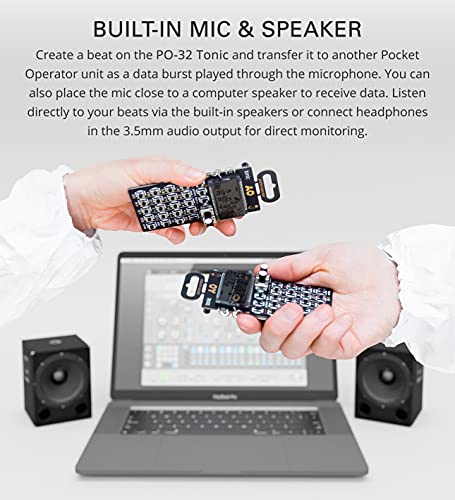 teen age engineering PO-32 Pocket Operator Tonic Drum Synth Bundle with Samson SR350 Over-Ear Stereo Headphones, Blucoil 3-Pack of 7" Audio Aux Cables, and 4 AAA Batteries