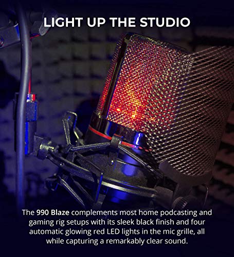 MXL 990 Blaze Condenser Microphone with Red LED Lights Bundle with Blucoil 4X 12 Acoustic Wedges, 10' XLR Cable, Boom Arm Plus Pop Filter, Aluminum Headphone Hook, and Samson SR350 Headphones